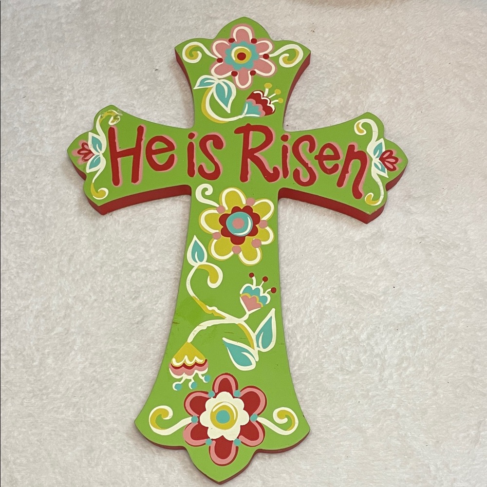 Holy Haus Laura Kirkland Designs “He is Risen” Green Floral Cross Wall Art